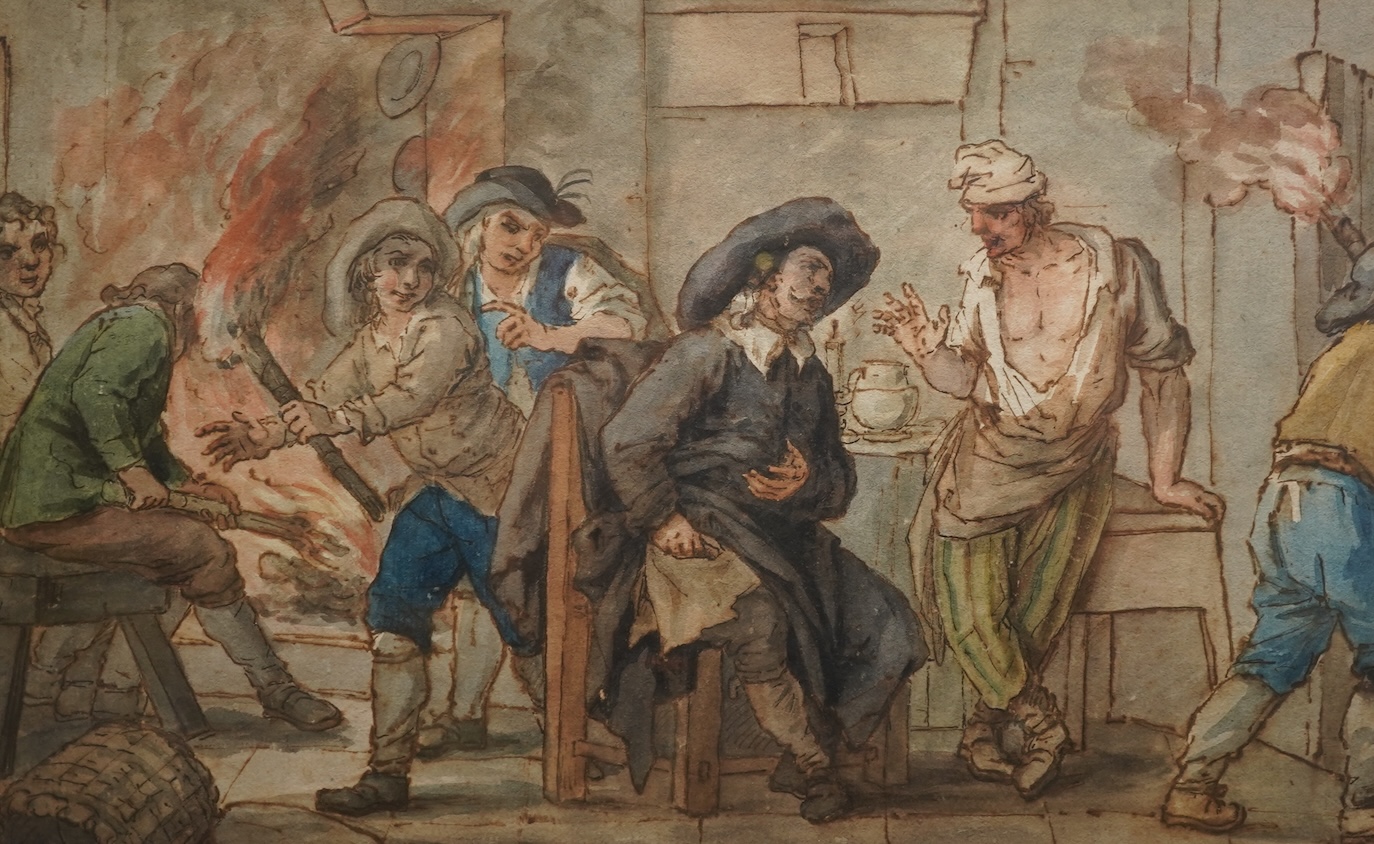 Circle of Thomas Rowlandson, (1756-1827), A group of men lighting torches in an interior
